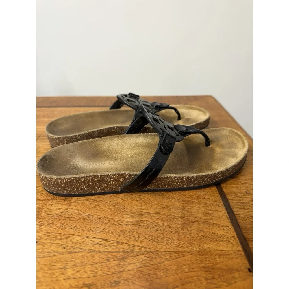 Tory Burch Miller Cloud Sandals Womens 8 Perfect Black Patent Leather Logo Thong